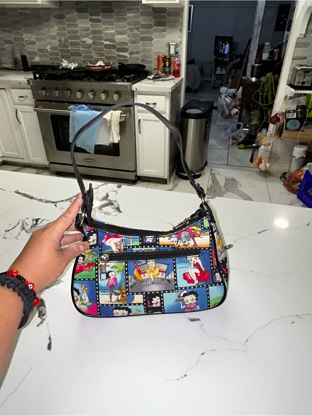 Betty Boop Multicolor Cartoon Panel Mini Shoulder Bag with Black Strap